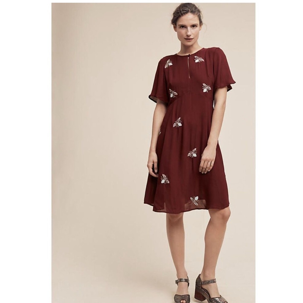 Moulinette Soeurs Burgundy Embroidered Flutter Sleeve Dress Sz 10 new w/o tags